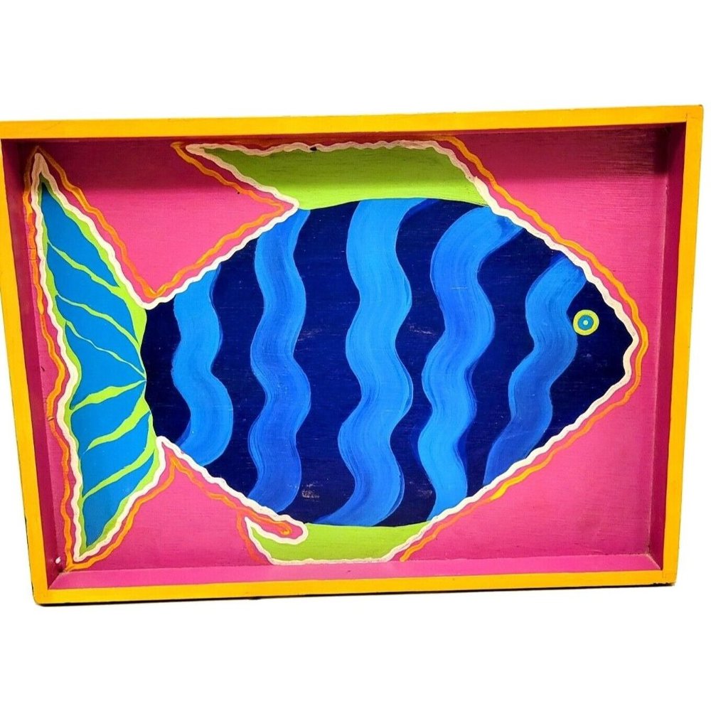 Tropical Bright Fish Handpainted Wooden Tray Signed By Artist 1993 Vintage OOAK - Picture 12 of 12